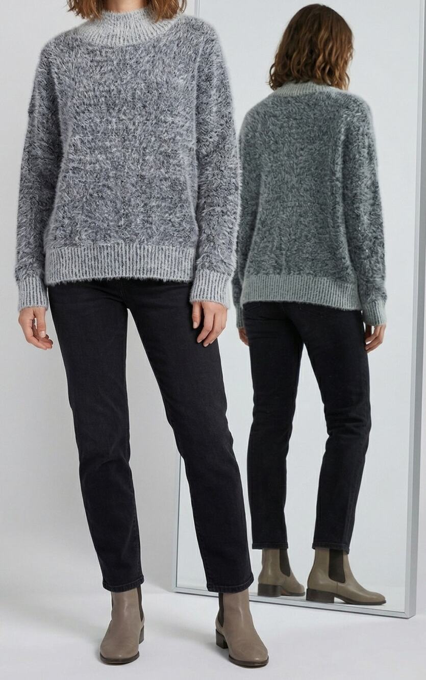 Falls Creek Womens 2X Sweater Mock Neck Gray Cream Fuzzy Soft